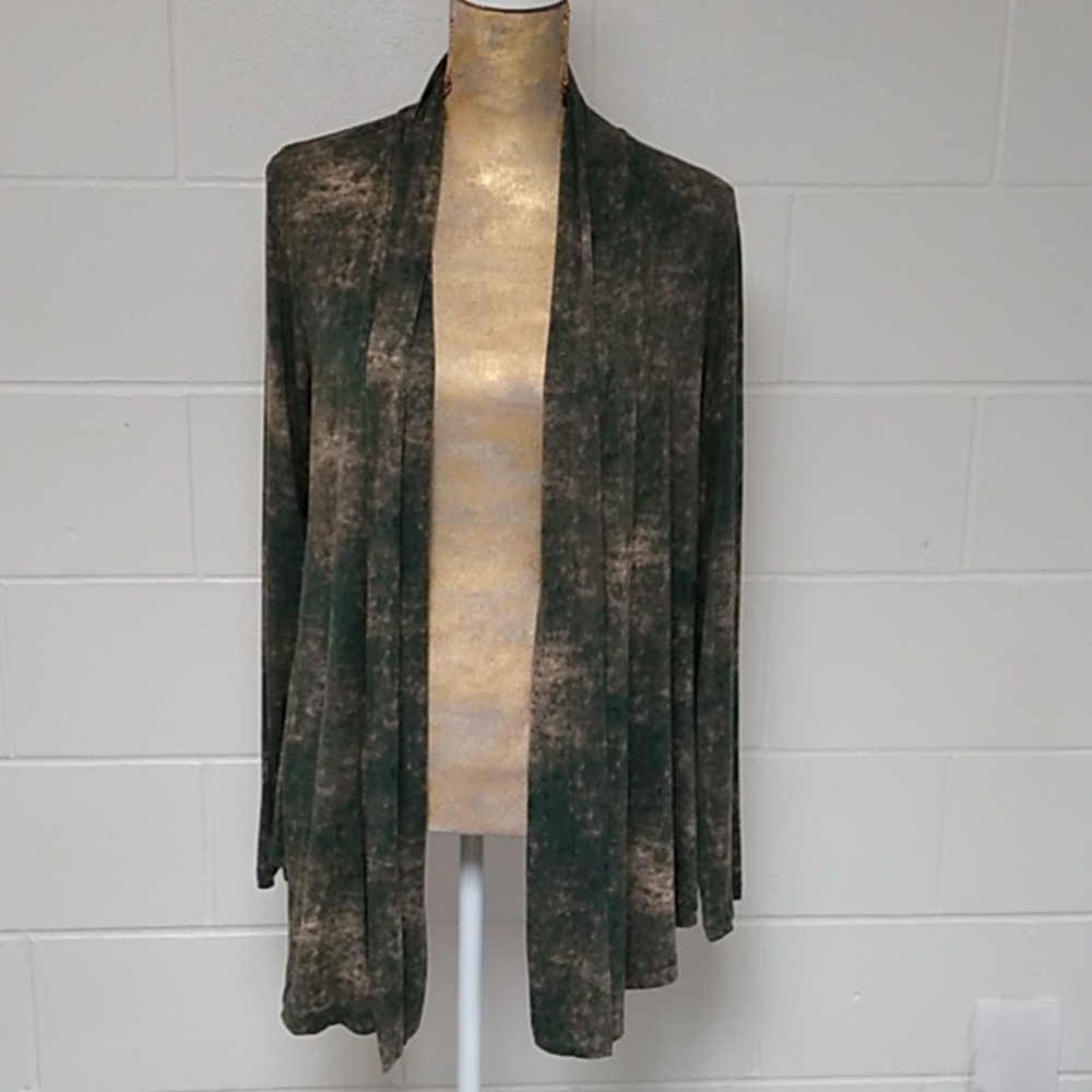 LOGO LAGENLOOK CARDIGAN, OPEN TUNIC, NATURAL MONOCHROMATIC GREENS & TAN